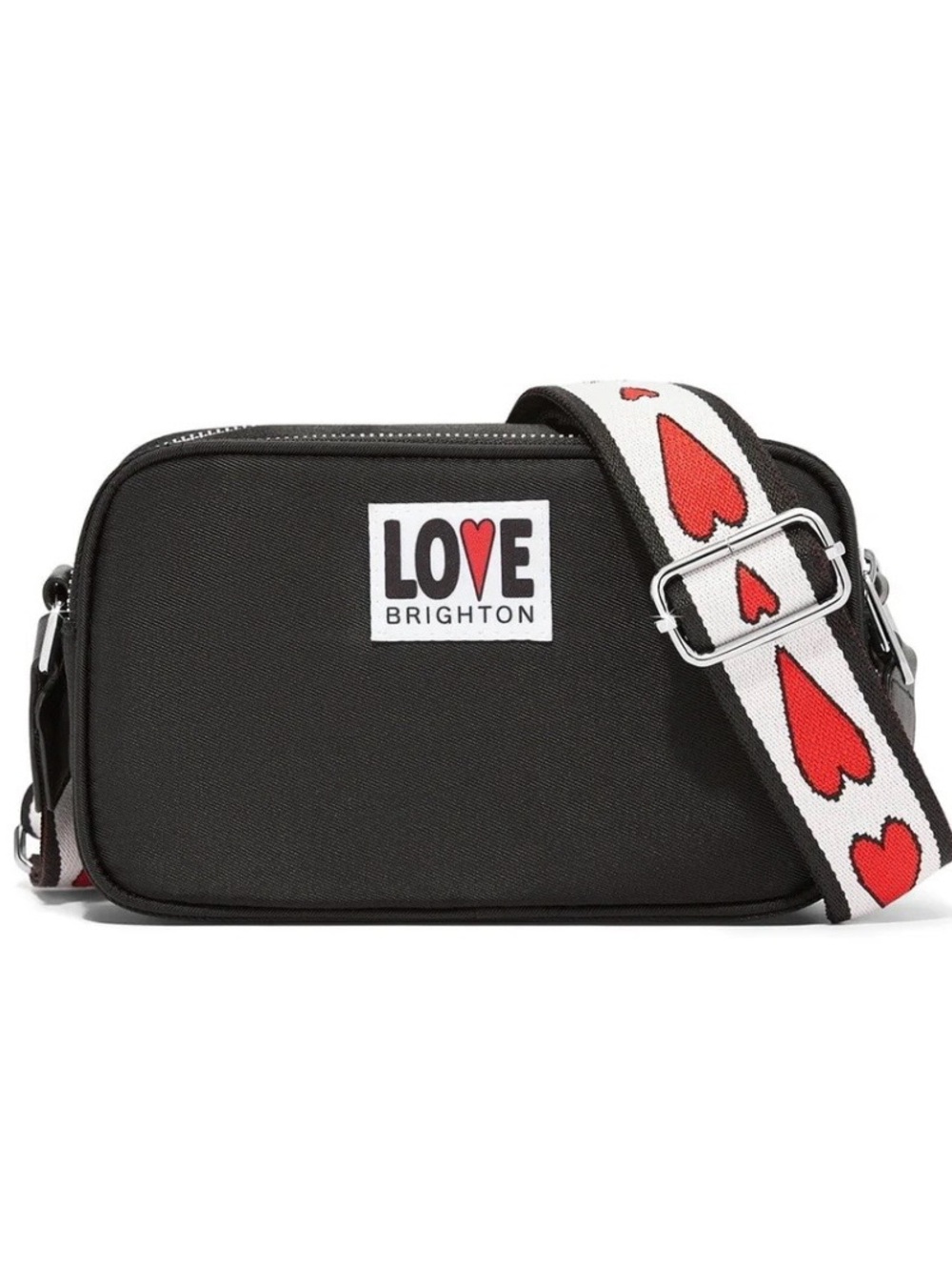 Brighton Love Essentials Black Crossbody with White Strap and Red Hearts